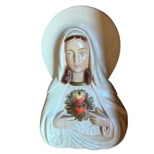 Vintage Chalkware Mary & Jesus Sacred Heart Wall Plaques